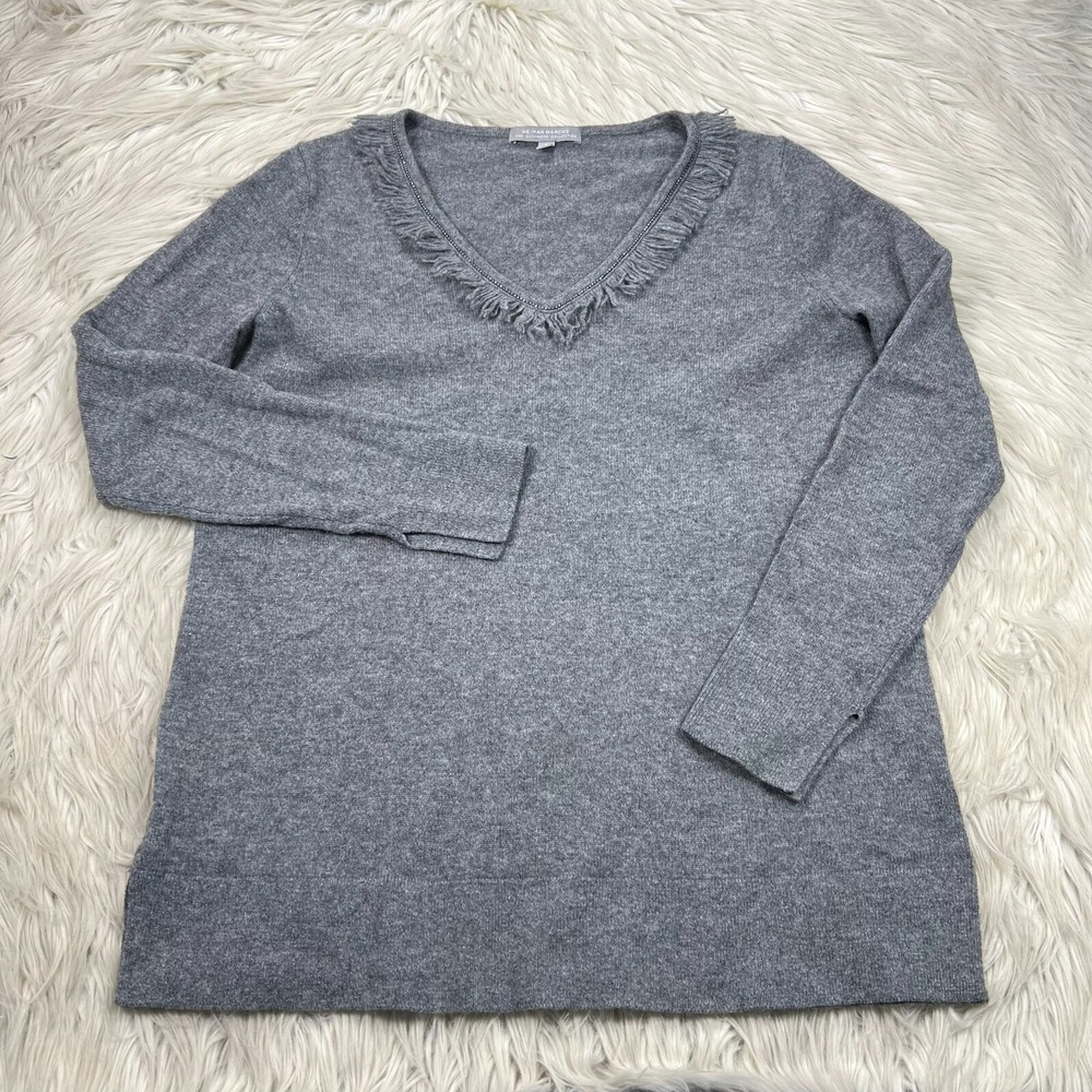 Neiman Marcus Women's S Gray V-Neck Pullover Cashmere Sweater Fringe Neck
